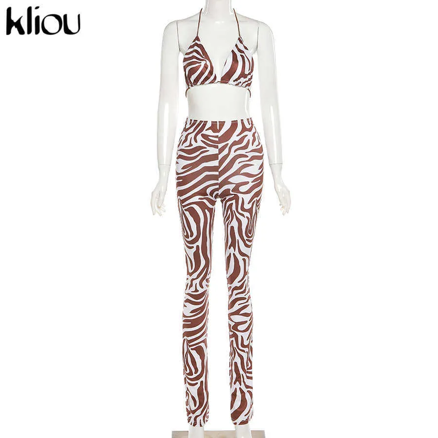 Kliou Drawstring Sexy Two Piece Set Women Zebra Print Halter Backless Crop Bra+Skinny Leggings Co-ord Suit Female Streetwear 210819