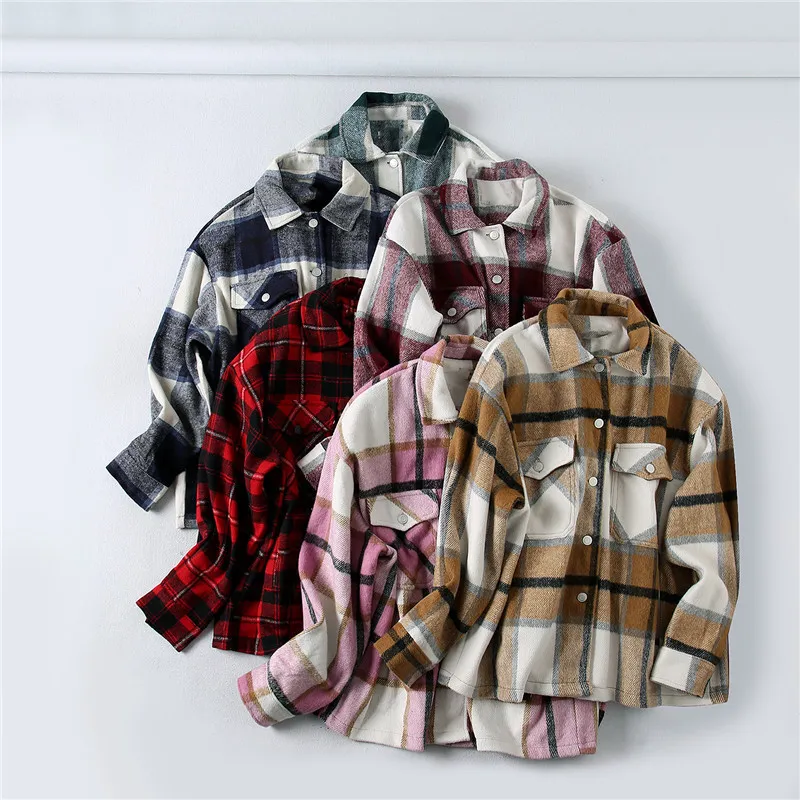 Stijlvolle zakken Oversized Plaid Jacket Jas Turn-Down Kraag Lange Mouw Losse Bovenkleding Herfst Chic Jassen Tops 210430