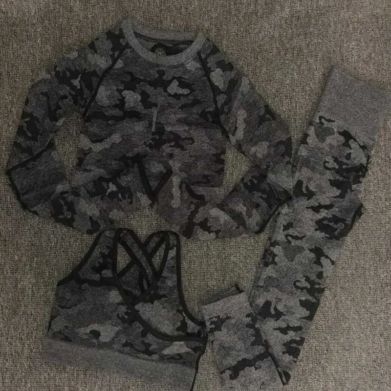 Yoga conjunto mulheres sem costura camuflagem mangas longas tops camisa de cintura alta leggings fitness esporte ginásio camo se adapta calças de treino apertado 210802