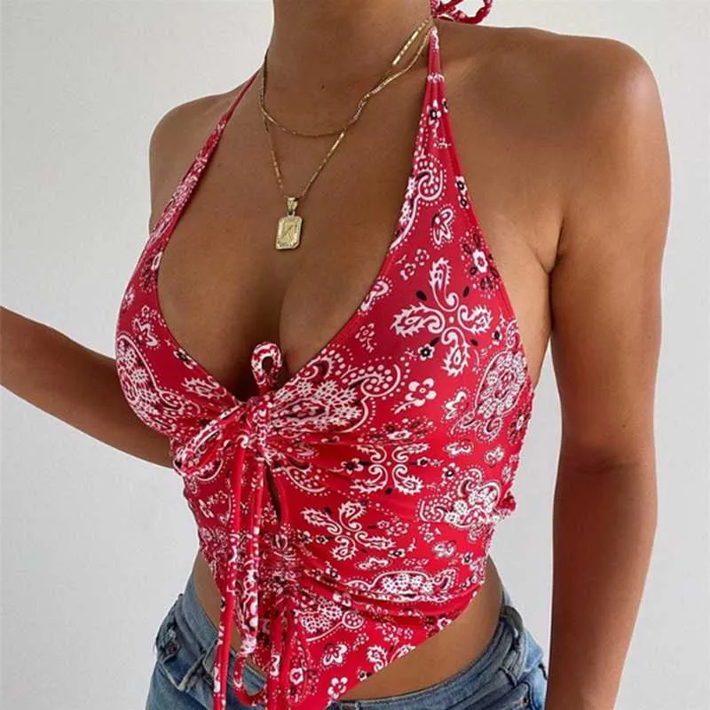 Kvinnor Sommar Ärmlös Halter Crop Top Sexig Plunge Deep V-Neck Backless Camisole Boho Floral Print Beach Vest Y0622