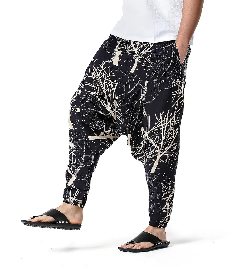 Мужская хип-хоп мешковины гарема низкая промежность брюки стильные ветви печатные джины BOHO брюки хлопок повседневные Hippie Streetwear брюки 210522