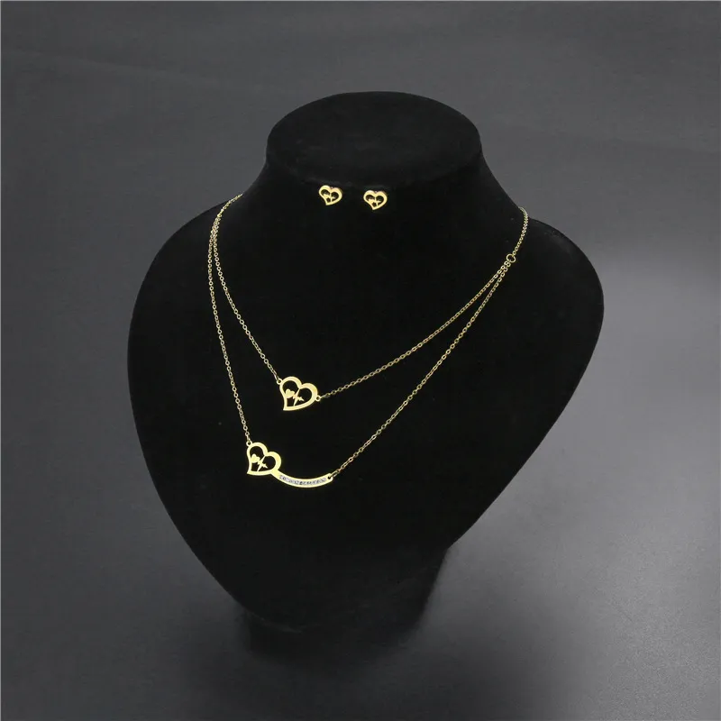 Women's Heart Necklace Earrings Set Dubai Gold Color Stainless Steel African Indian Bridal Wedding Jewelry Sets for Women Girls