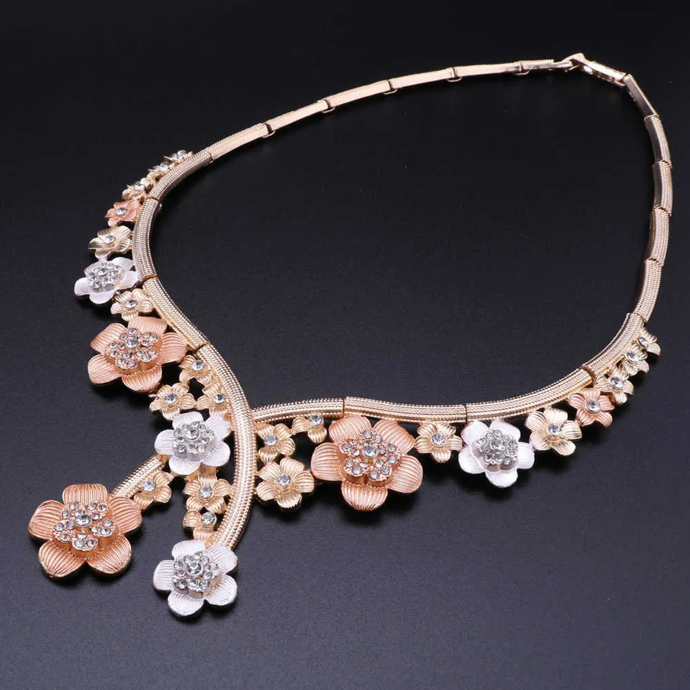 Dubai Multicolor Jewelry Sets for Women African Wedding Bridal Charm Necklace Earrings Bracelet Ring Flower Shape Jewelry Set H1022