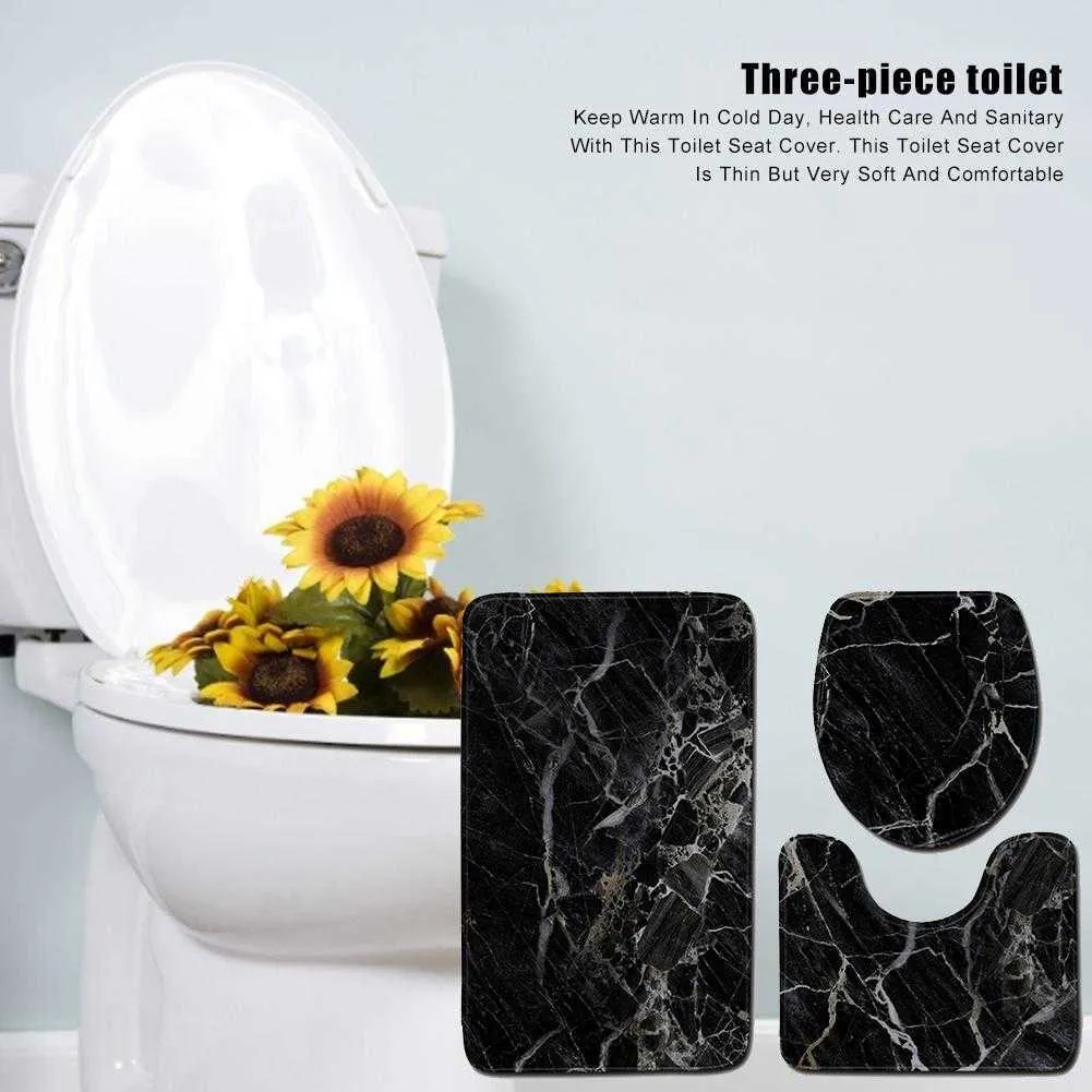 Ensemble de 3 pièces de toilette ensembles de tapis de salle de bain en marbre noir tapis contour flanelle socle de bain antidérapant siège de toilette couvercle couvercle ensembles de tapis de bain 210724