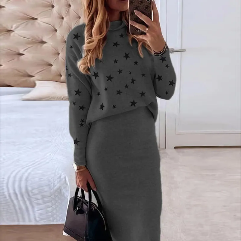 Jesienne spódnice Zestaw biura dama gwiazdy mody drukuj bluza pullover i bodycon spódnica zimowa vintage Suits 220221