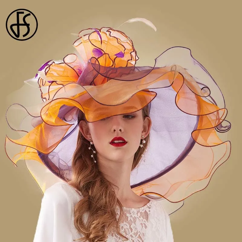 FS розовая шляпа дерби из органзы Кентукки для женщин с широкими полями, пляжные шляпы от солнца с цветами, элегантные женские шляпы для свадебной и церковной вечеринки, 2103301H