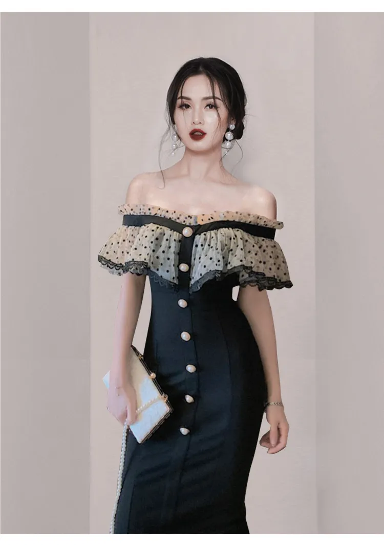 Korea zomer mode sexy dot mesh ruches slash nek bodycon single-breasted office ol potlood jurk vestido feminino 210518