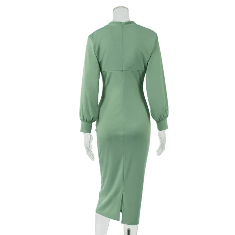 Spring Green Knitted Long Bag Hip Midi Dress Women Elegant Bodycon Turtleneck Sleeve Ladies Office 210514