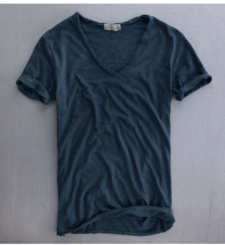 summer casual T-shirt pure cotton slub breathable retro solid color V-neck short sleeve 210317