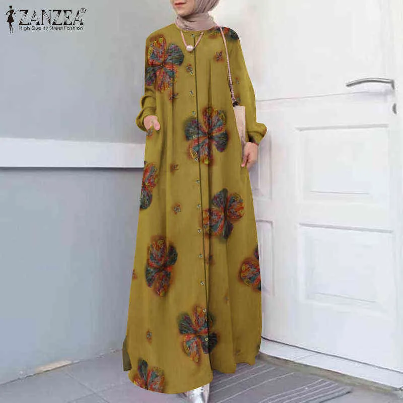 Vintage Müslüman Abaya Başörtüsü Elbise Zanzea Bahar Uzun Kollu Çiçek Baskılı MAIX Uzun Sundress Dubai İslam Giyim Robe Femme Y1204