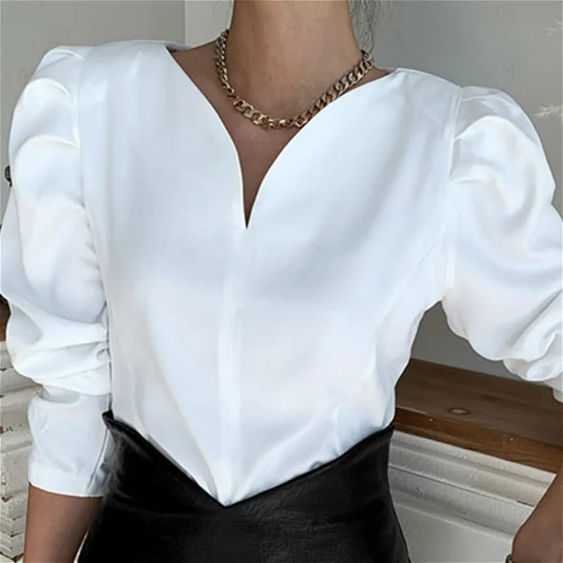 Кимутомо простые шикарные блузка женщины французский стиль V-образным вырезом твердой рубашки с твердой рубашкой женской втулки женская весна осень туристы элегантные вершины 210521