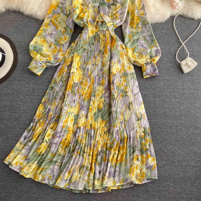 Autumn Bohemian Floral Long Dress Women Vacation Beach Party Vestidos Female Bow Collar Lantern Sleeve Chiffon Robe Fashion 210320