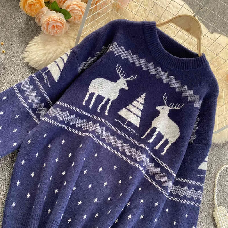 Women Christmas Deer Loose Knitted Sweater Winter Long Sleeve Tree Knitwear Autumn Fashion Warm Elk Pullovers Top 210514