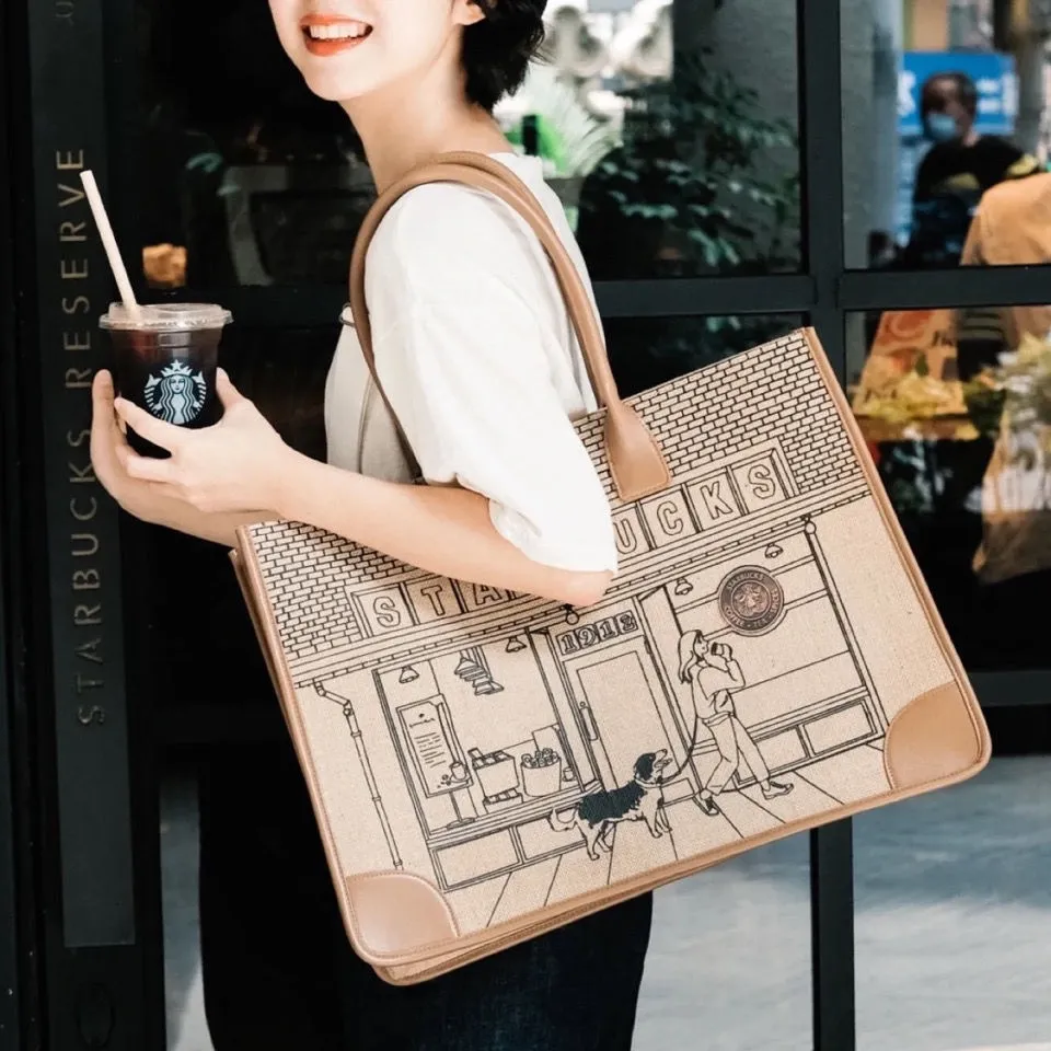 Starbucks Bag stor kapacitet Party Favor 2024 Limited Edition 50-årsjubileum retro tote väska kvinnlig butik canvas stor kapacitet s245n
