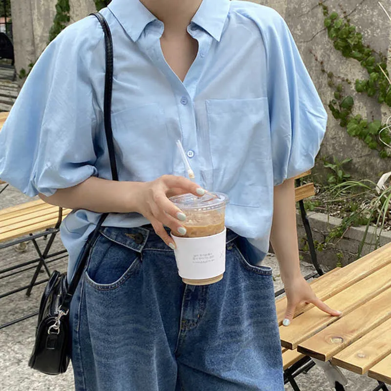 Korejpaa Women Shirt Summer Korean Chic Sweet Gentle Cream Blue Lapel Single-Breasted Loose Two-Pocket Puff Sleeve Blouses 210526