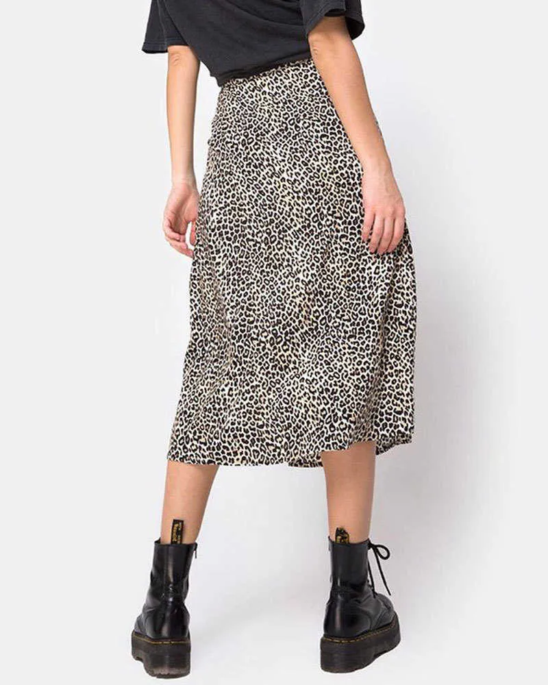 Kobiety Lato Split Leopard Spódnice Czarna Moda Długa Spódnica Sexy Kobieta Kwiatowa Luźna Lady Odzież Zielona Kwiat Spódnicy Spadek 210721