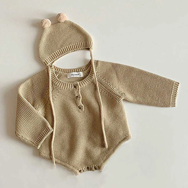 Born Baby Otoño/Invierno Solapa Hollow Knitted Sweater Romper Mono de manga larga + Cap Conjunto de dos piezas ropa de invierno para bebés 211011