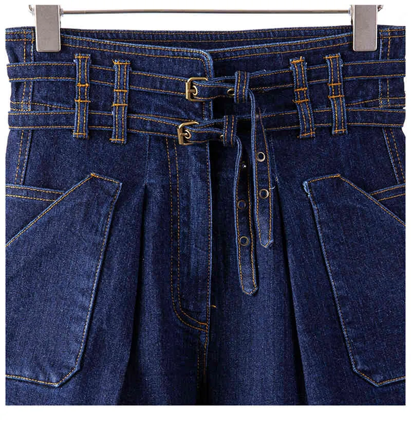 [Eam] Kvinnor Double Belt Metal Button Denim Wide Leg Shorts Hög midja Loose Fit Byxor Mode Vår Sommar 1DD6941 21512