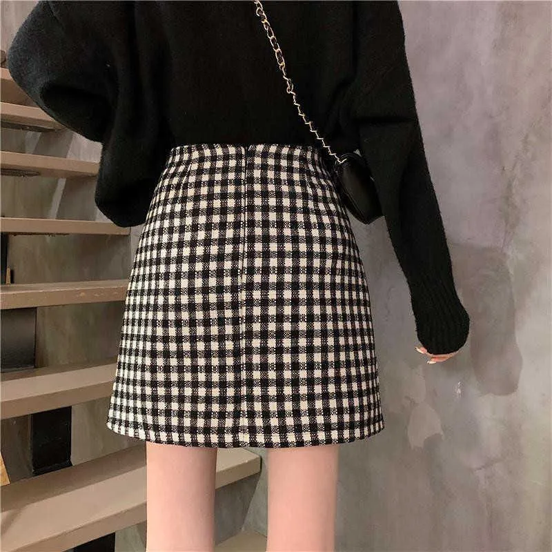 Spring Plaid Mini Slim Fit Skirts Women High-Waisted Harajuku Skirt Style Of Korean Vintage Package Hip Short Skirts 210619