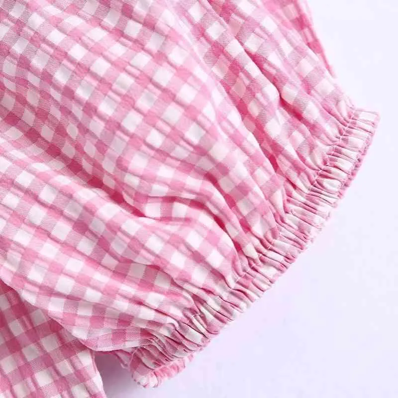 Sommar kvinnor fyrkantig krage puff ärm rosa plaid mini klänning kvinnlig kläder casual lady lös vestido d7562 210430