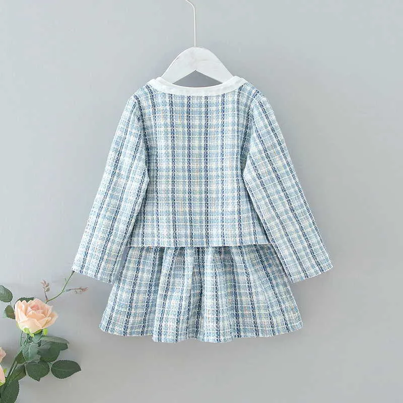 Spring Kids Girls 2-PCs Sets Blue Pink Långärmad Klänning + Plaid Coat Lady Style Pagant Formell Outfits Party E137 210610