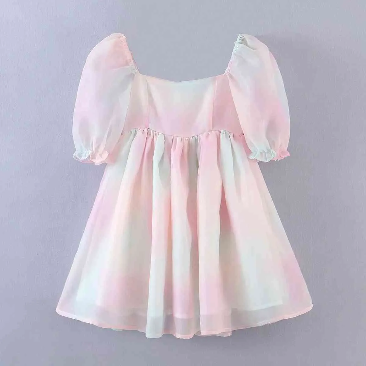 TIE-DYED RAINBOW Organza Dress A-Line Puff Sleeve Cute Summer For Women Skater Short Party Holiday 210427