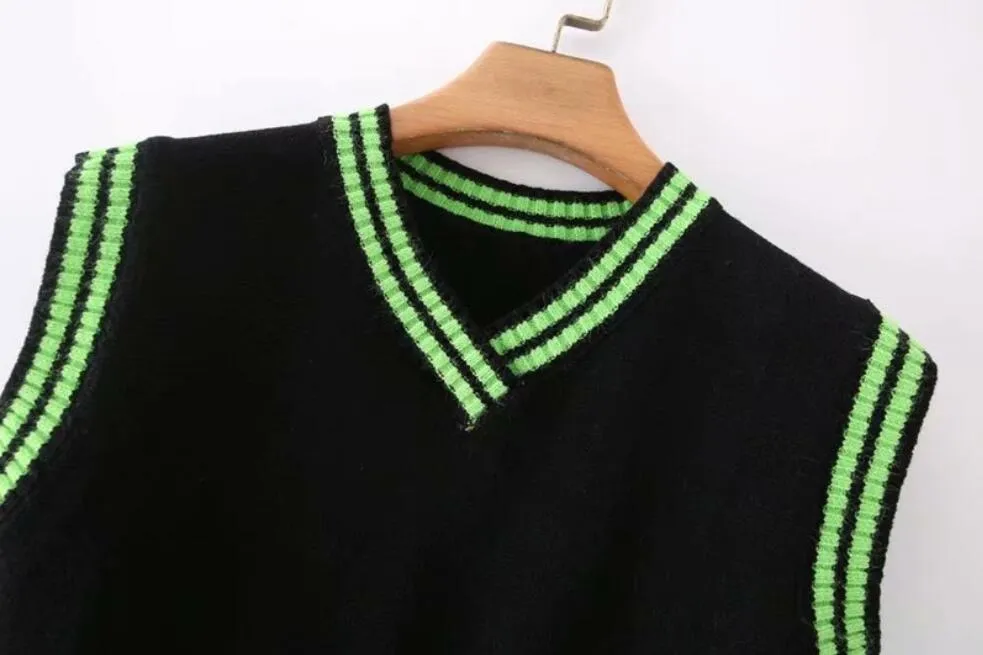 نمط preppy نمط الأخضر الأسود محبوك سترة سترة المرأة 90 خمر الملابس الكورية مخطط الخامس الرقبة تانك الأعلى Y2K تريكو 210429