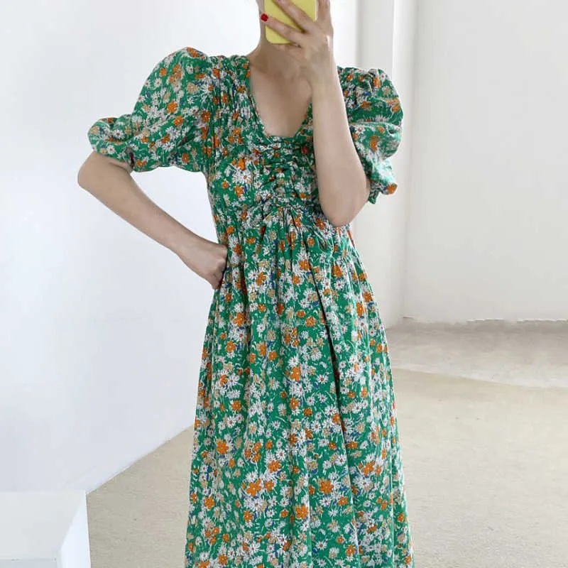 Korejpaa Women Dress Summer Korean Fashion Chic Vintage Floral V Neck Pleated Draw String Waist Slim Long Print Dresses 210526