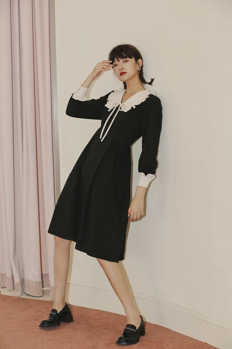 Col claudine noir à manches longues automne robe femmes à volants une ligne genou longueur tunique mode coréenne vêtements 210427