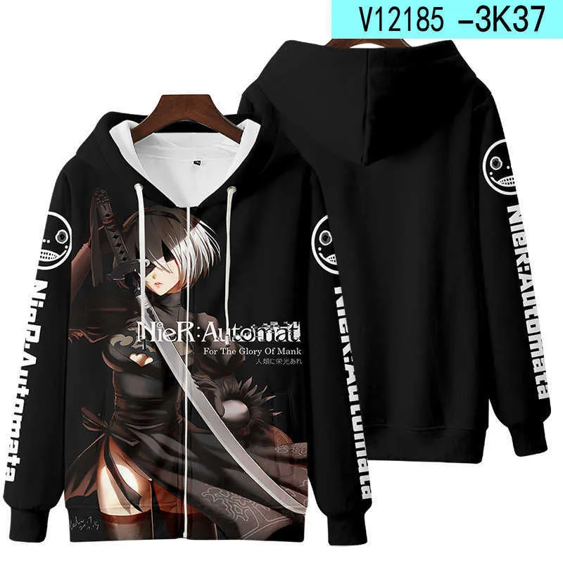 Anime NieR Automata 2B YoRHa Nr. 2 Typ B 9S 9 S Cosplay Kostüm Unisex 3D Hoodie Reißverschluss Kapuzenjacke Outwear Y0913