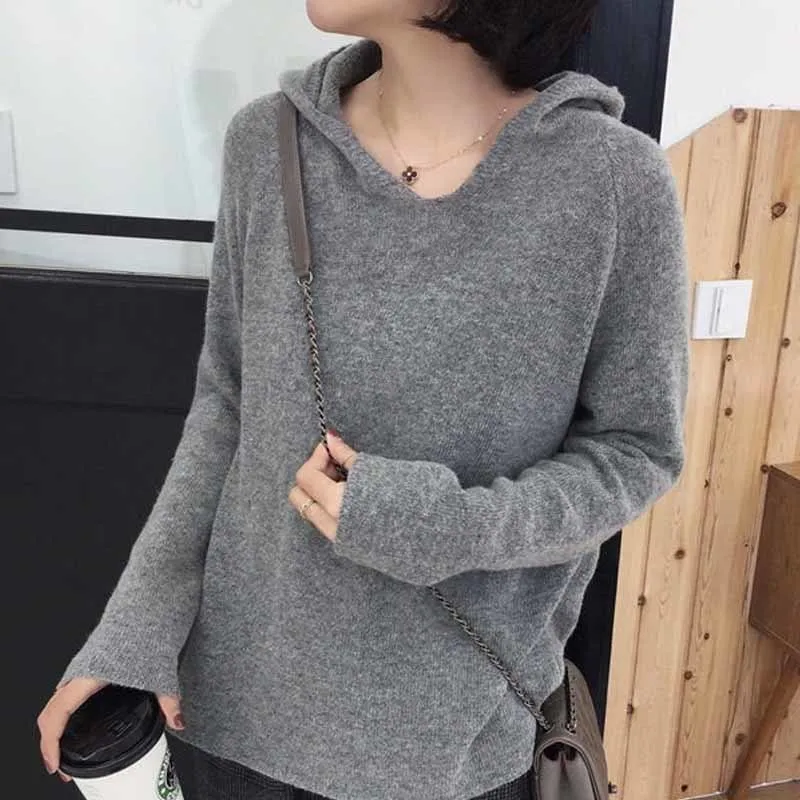 Koreanische Pop Frauen Casual Lose Solide Sweatshirt Herbst Harajuku V-ausschnitt Langarm Hoodies Strickpullover Weibliche 11742 210521