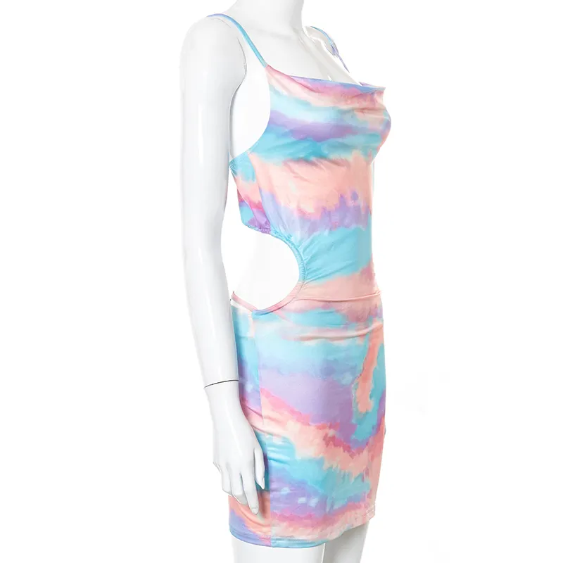 Tie Dye Drukowane Lato Bodycon Mini Dress Kobiety Wrap Hip Backless Party Club Sexy Bez Rękawów Urodziny Y2K Odzież 210517