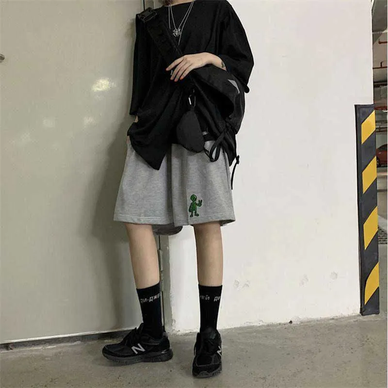 Stile coreano Aliens Harajuku Casual Allentato Dritto Pantaloncini da bici Jogger Donna Vita alta Sport estivi Corsa Pantaloni vintage 210719