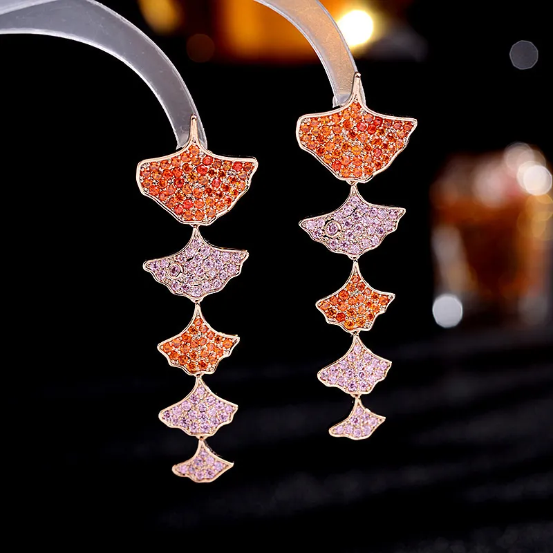 Micro Pave Colorful Zirconia Leaf dangle for Women Brand Designer Luxury Wedding Temperament Ginkgo Biloba Örhängen