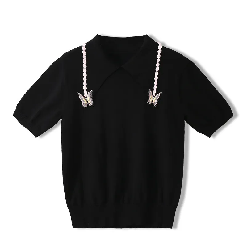 韓国のファッション半袖ラペルセータールースと薄いアイスシルクTシャツ夏のトップ婦人服210520