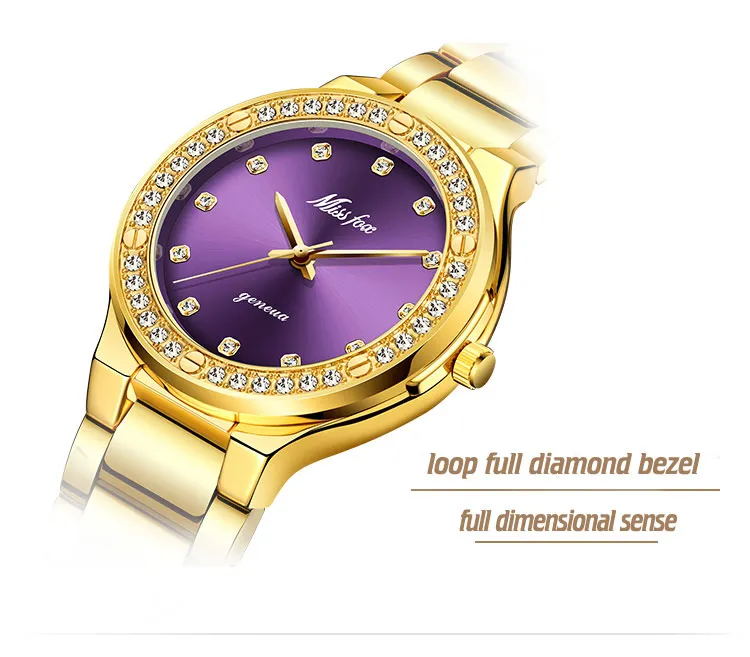 女性の鋼鉄2つのトーンゴールド女性の時計時間紫色の石英腕時計のためのドロップシップ腕時計
