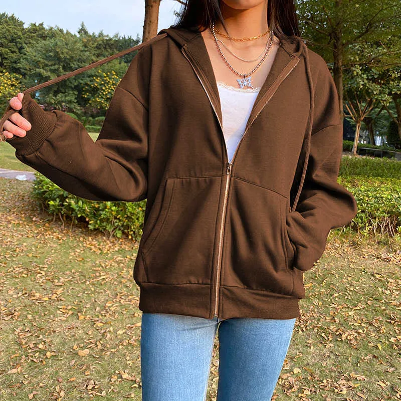 Bruin Paars Zwart Zip Hooded Sweatshirt Winterjas Top Oversized Hoodie Retro Pocket Vrouw Kleding Lange Mouw Pullover 210809