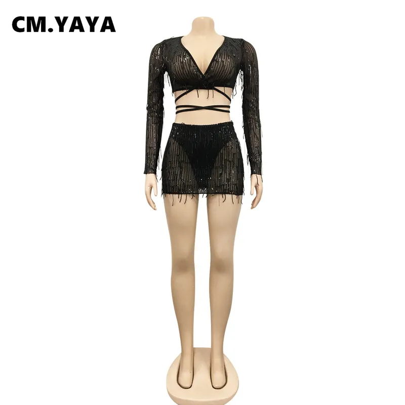 CM.YAYA Paillettes Gland Épissage Deux 2 Pièces Ensemble pour Femmes Sexy Club Soirée Tenues Crop Tops + Jupe Midi Automne Hiver 220302