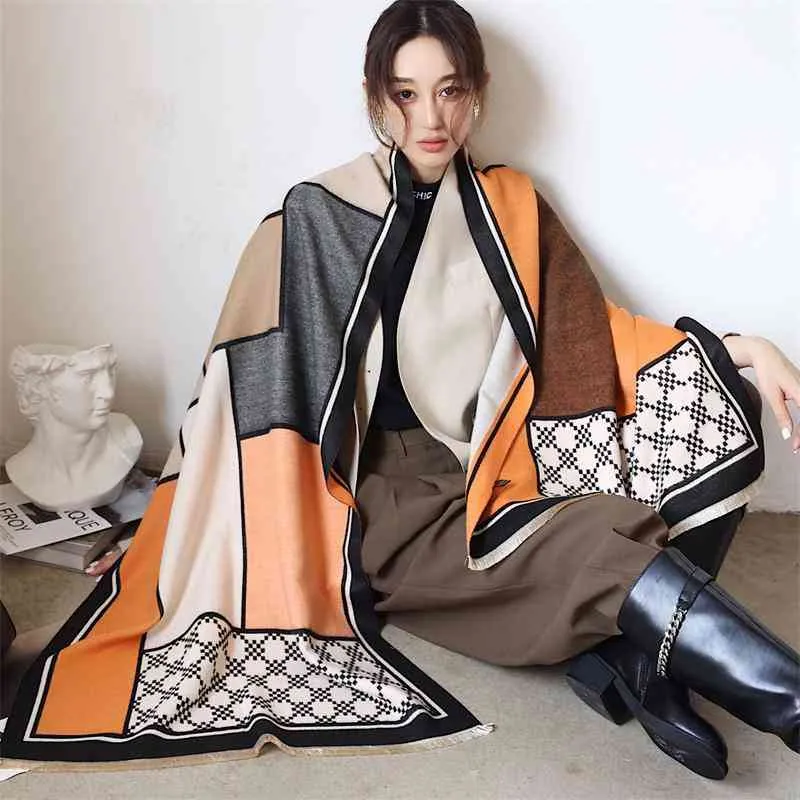 スカーフレディショールの女性のカシミアスカーフ冬の幾何学的な格子縞の印刷の厚い暖かいラップブランドの毛布パシミナケープスートル1