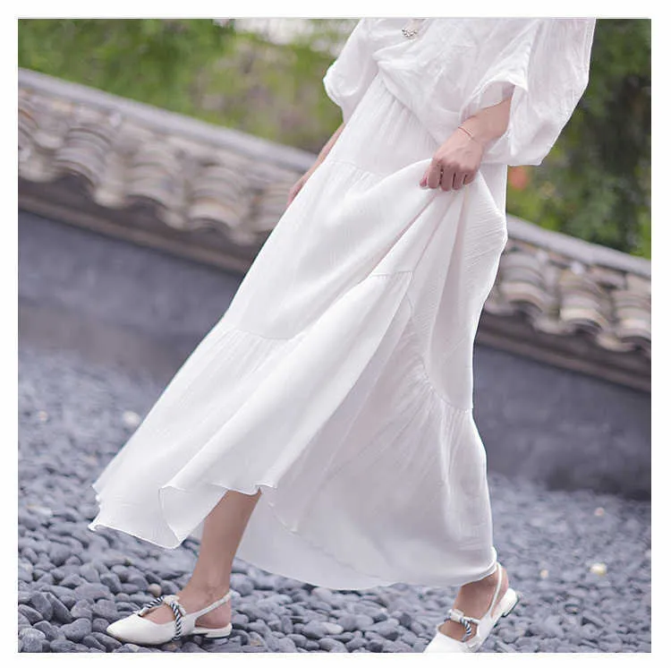 Summer Women White Long Skirt High Waist Stretch Cotton And Linen s Saia A-Line Faldas Jupe Femme 210621