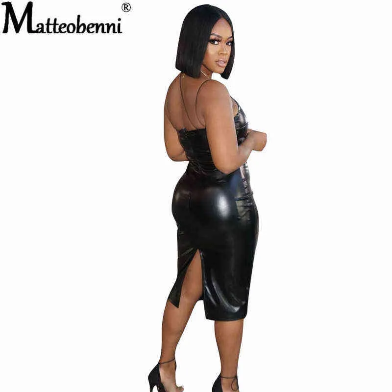 Sexy PU Imitación de cuero Mujeres Split Midi Vestido Correa V Cuello Latex Bodycon Sexy Streetwear Party Club Vestido Gótico Rodilla Longitud Vestido Y1204