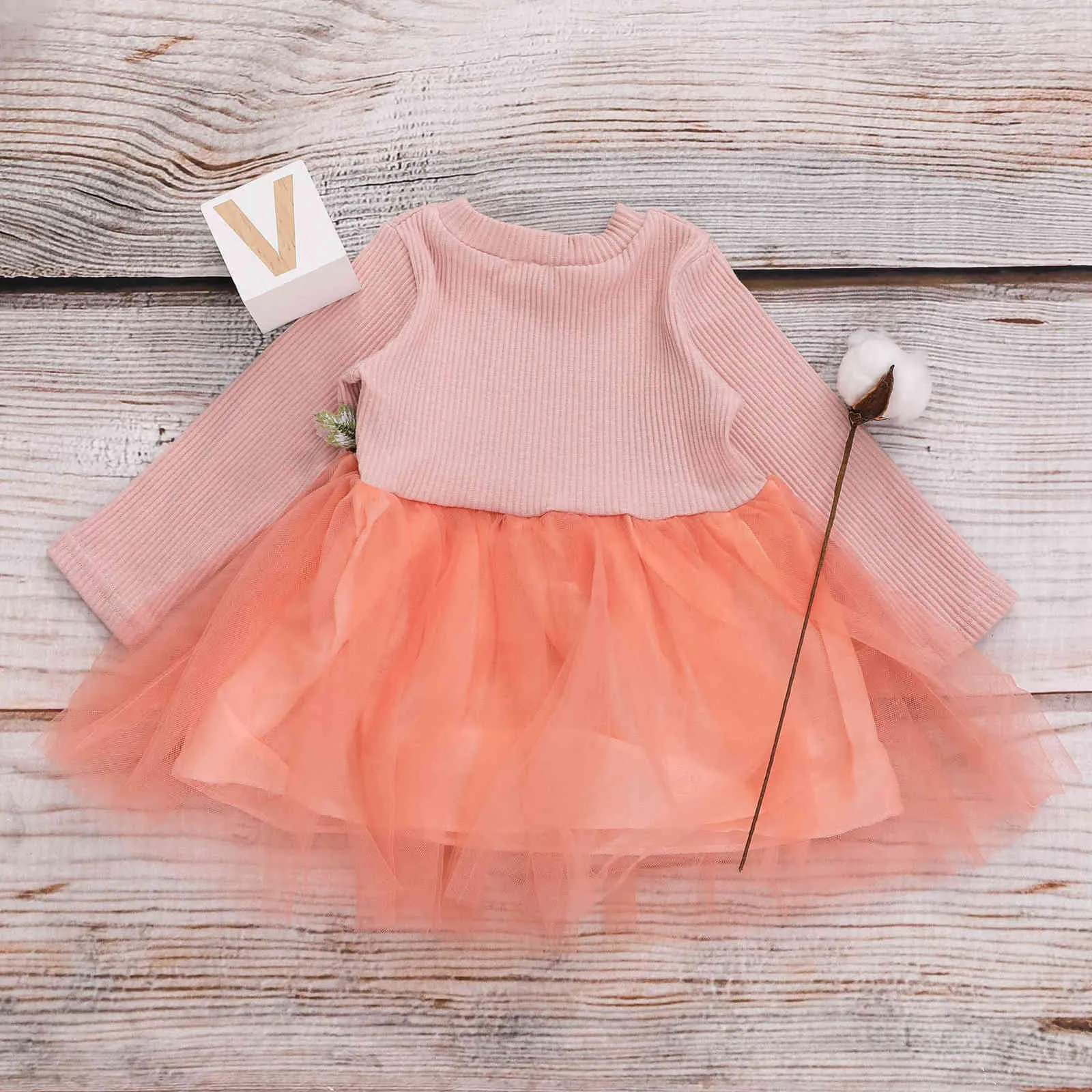 Robe Tutu à manches longues en jersey de coton avec décor de fleurs à la taille pour bébé et tout-petit filles fille vêtements 210528