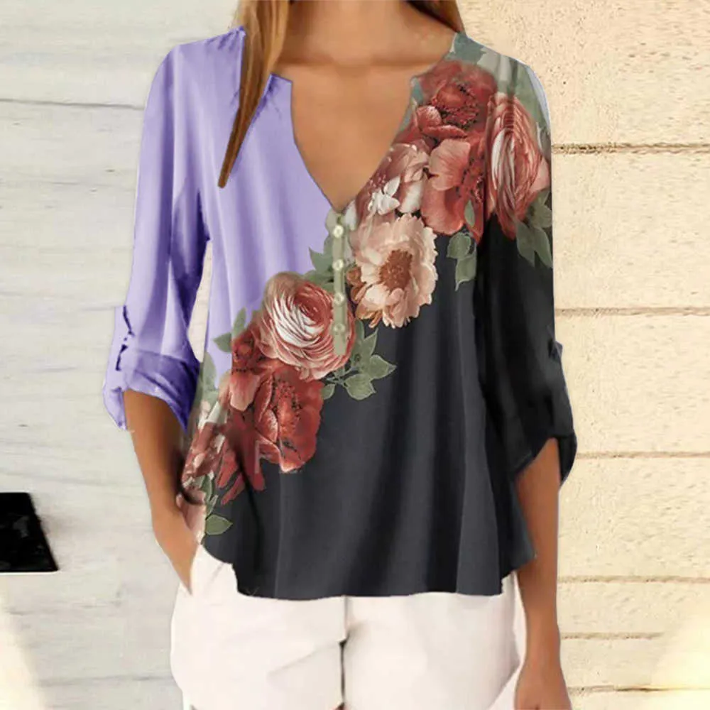 T-shirt imprimé floral pour femmes, grande taille 5XL, été 2021, col en V, demi-manches, chemise de plage, chemises de travail, Blusas Feminina Tops X0628