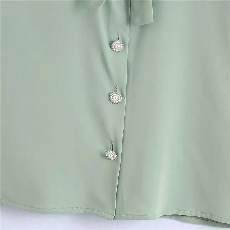 ZA Summer Jewel Button Women Blouse Short Puff Sleeve Bow Tied Vintage Green Shirt Woman Fashion Ruching Fit Tops 210602