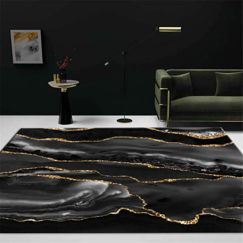 Lyxig svart grå marmor matta med guldlinje för vardagsrum modernt heminredning soffbord Rug sovrum säng matta stor 210928