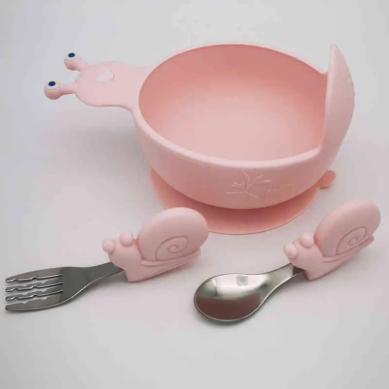 bébé silicone alimentation ensemble infantile assiette antidérapante bol d'aspiration escargots enfants vaisselle étanche sans BPA cuillère fourchette G1210