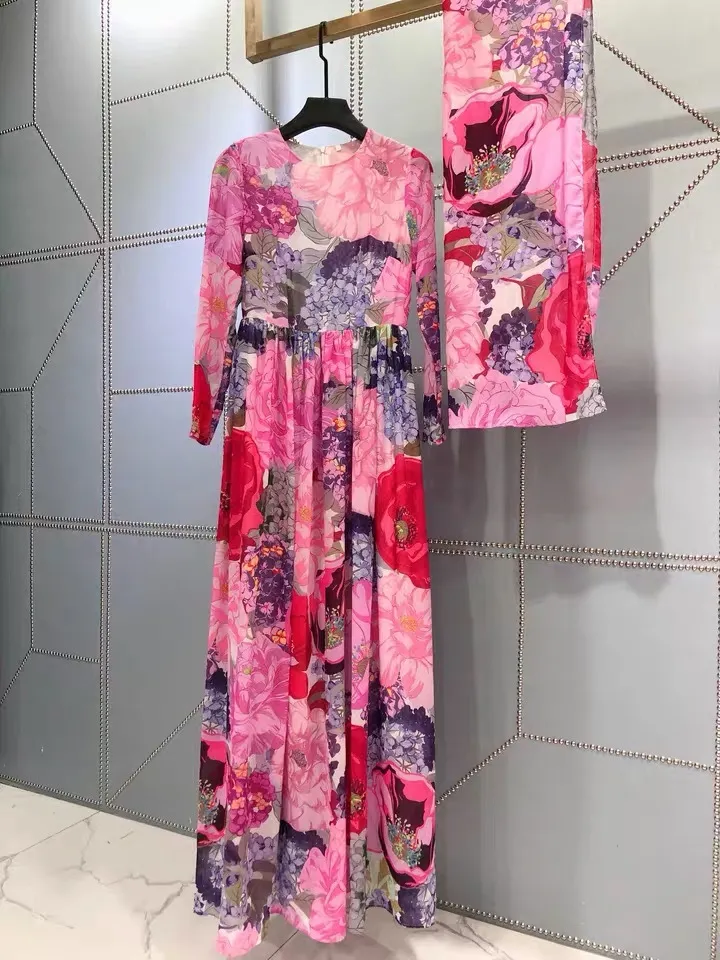 Floral Print Handgelenk Sleevel Lange Maxi Boho Kleid Dame Rote Blume Chiffon Luxus Dreeses Casual vestido de mulher 210421