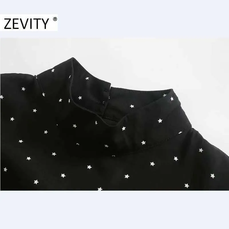 Zevity Women Fashion Stand Collar Stjärnor Skriv ut Casual A Line Midi Dress Office Långärmad Bakknappar Vestido DS4582 210603