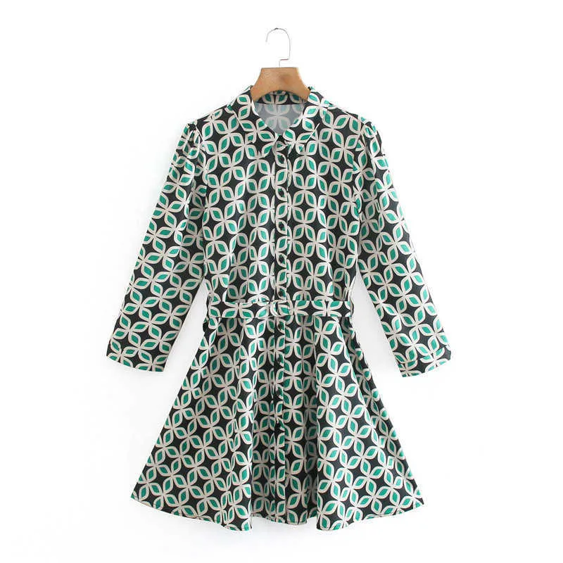 Za Print Belt Green Mini Dress Women Vintage Long Sleeve Shirt Dresses Woman Fashion Front Button Summer Vestidos 210602