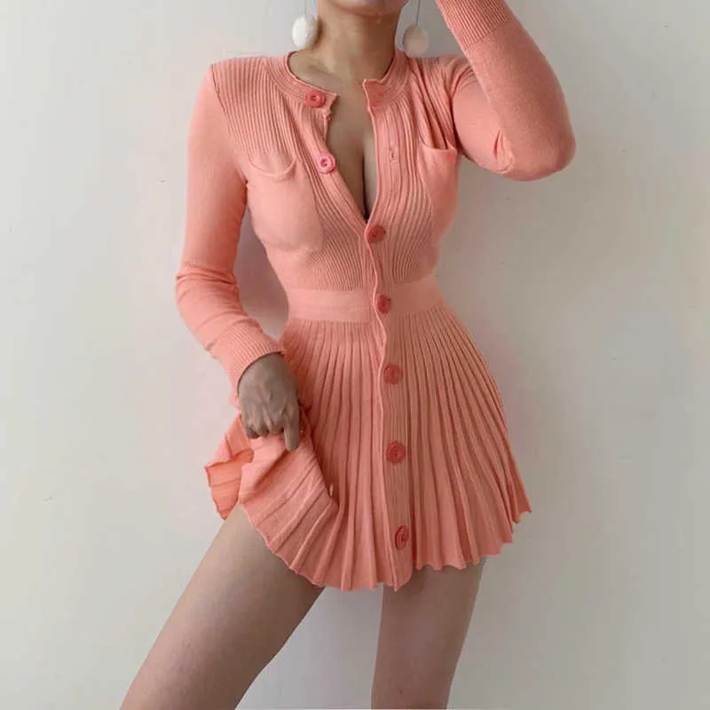 Spring Long Sleeve Knitted Mini Fold Dress Slim And Sweet Single Breasted Pleated High Waist Closed Sexy Ruffle Orange 2VOL 210603